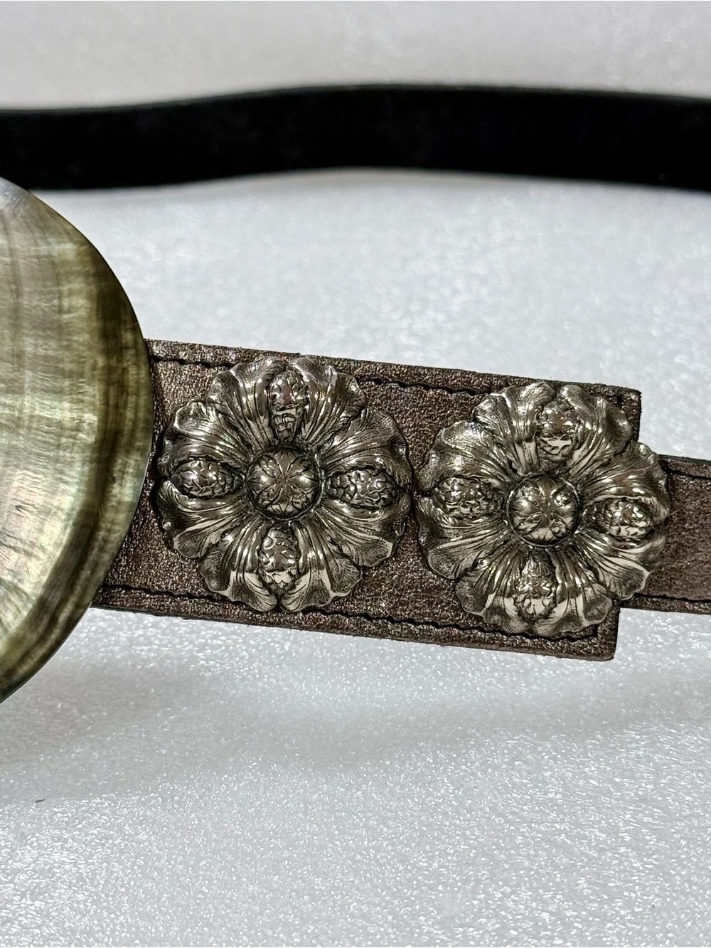 Vintage Artisan  Belt with Genuine Shell Buckle & Silver Metal Floral Conchos